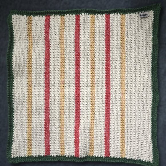 Hand Crocheted Square Cream Yellow Red Green Striped Mat Rug - Picture 7 of 16